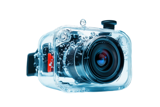 Underwater camera with water droplets in transparent protective case on transparent background