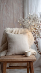 Cozy corner with wooden table, soft blanket, and pillow. Warm and inviting atmosphere