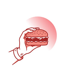Obraz premium A hand holding a hamburger against a red circular background