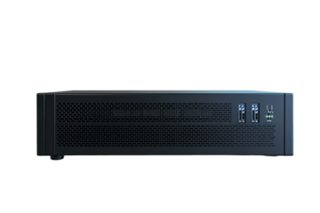 Dark professional server with indicators and mesh design on transparent background