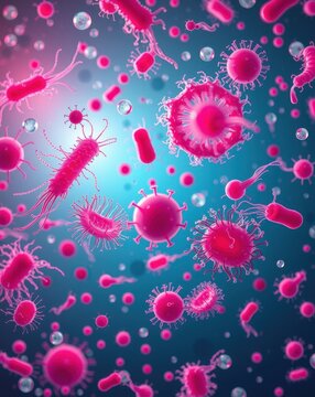 Pink microorganisms and bacteria in 3D, detailed scientific illustration with realistic textures and blue background, high resolution, 4K