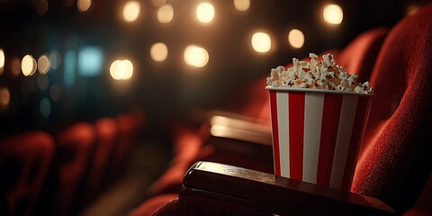 Classic Movie Theater Experience Fresh Popcorn in Striped Bucket Awaits the Show with Red Velvet Seats and Bokeh Lights