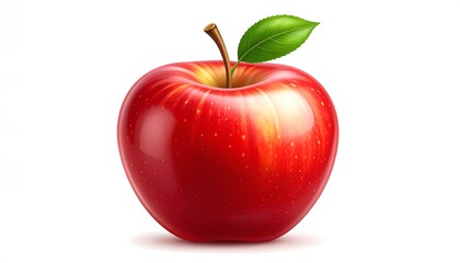 A glossy red apple with a green leaf, set against a white background and a red banner