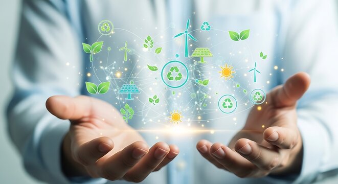 Man holding green energy icons. Renewable resources and sustainable technology.