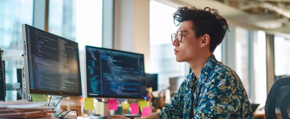 The focused developer programming in a modern office environment with multiple screens.