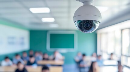 Dome security camera monitoring classroom with students and desks