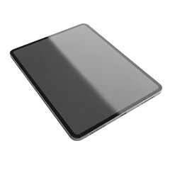 A modern black tablet device with a blank screen, angled and isolated on a transparent background