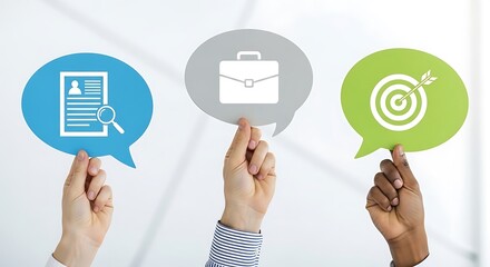 Fototapeta premium Hands holding speech bubbles with resume, briefcase, and target icons.