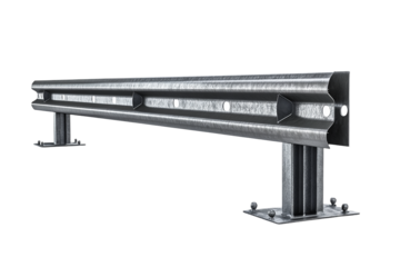 Roadside safety barrier, highway guardrail metallic structure on transparent background