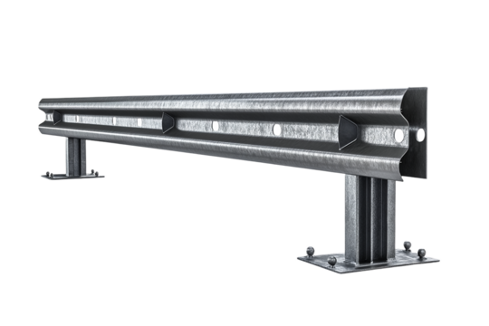 Roadside safety barrier, highway guardrail metallic structure on transparent background