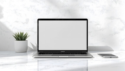 Fototapeta premium Laptop Mockup on Clean Marble Surface with Plants