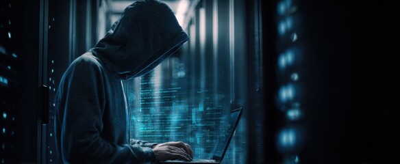 The hacker working intently on a laptop in a dark server room.