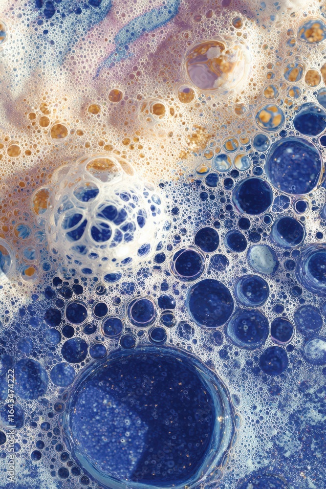 Poster abstract close-up of colorful soap bubbles in different sizes with vivid swirls and textures in a bl