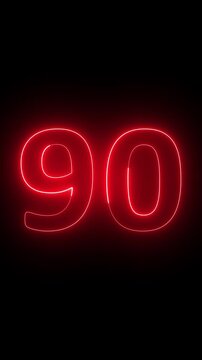 Glowing red neon "90" text animation, educational and promotional concept, 4K QuickTime, isolated on black background, ready for use.
