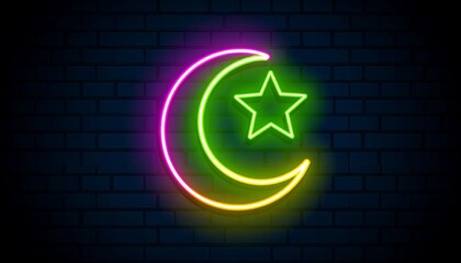 Neon crescent moon and star on dark brick wall