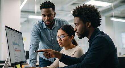 Diverse business team collaborating on a project and analyzing data on a computer screen.


