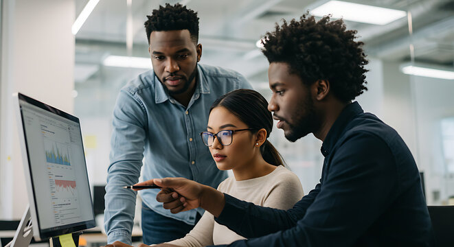 Diverse business team collaborating on a project and analyzing data on a computer screen.