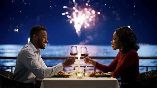 romantic dinner by sea with african american couple toasting wine glasses under vibrant fireworks display. new year's eve celebration. festive atmosphere. event invitation, greeting card