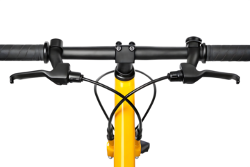 Yellow bicycle handlebars with grips and levers isolated on a transparent background