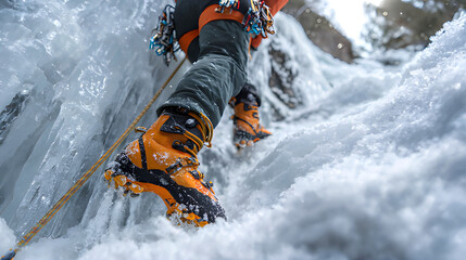 Climber on the summit. Mountain ice climbing. Trad climbing mountaineer. Person wearing crampons on their boots while traversing a snow and ice-covered mountain. Ice climbing outdoor adventure hiker