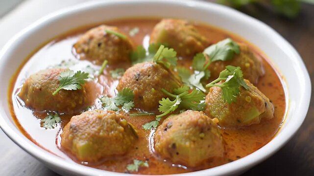 Stuffed Pointed Gourds in Creamy Tomato Gravy Garnished with Fresh Coriander Leaves Close Up High Angle Perfect for Culinary Projects and Home Cooking Videos Showcasing Indian Cuisine and Vegetarian