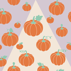 Pumpkin pattern design with pastel color scheme for fall. Abstract graphic with pumpkins in a repeating motif over two-tone background.