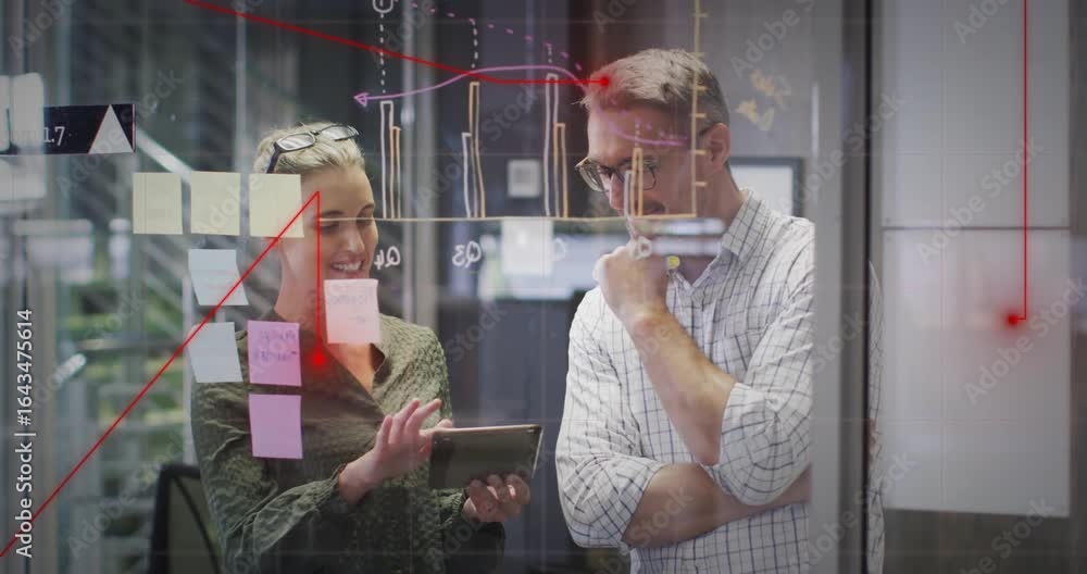Aufkleber coworker scrolling and tapping tablet in business, animating red arrows mapping bar charts on board