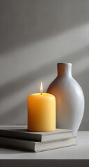 Lit candle, vase, books, sunlight, minimalist home decor