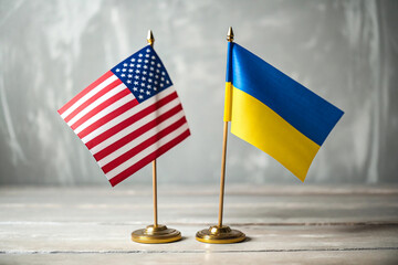 Fototapeta premium United States and Ukraine Miniature Flags on Gold Stand 