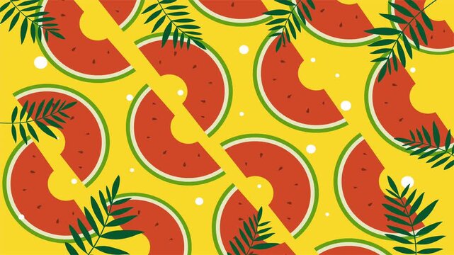 Bright repeating pattern of watermelon and orange slices with palm leaves and tropical accents