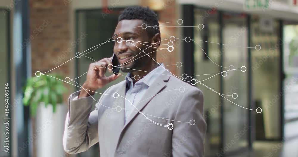 Poster business professional walking lobby phoning and activating animated data nodes visualizing network