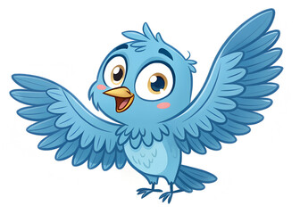 Obraz premium Cute blue cartoon bird with wings spread open, isolated on white background