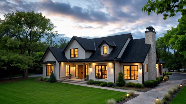 Charming modern home exterior with inviting lights at twilight in a peaceful neighborhood setting