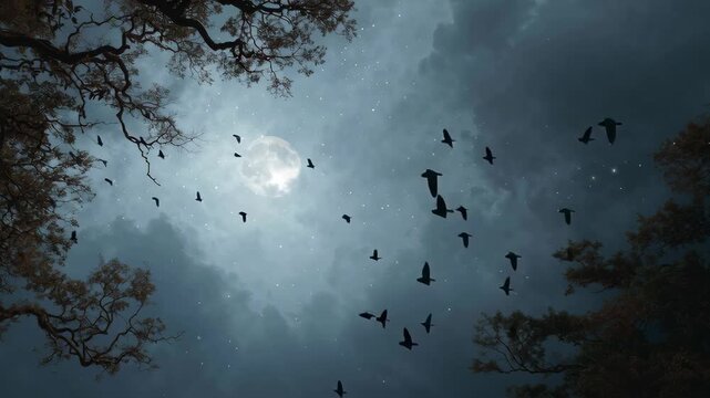 Realistic night sky with moon with stars and through tree branches. Birds fly past the moon. Background of dark clouds, mysterious atmosphere
