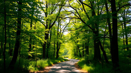 Fototapeta premium A serene footpath winds through a sun-dappled forest, its path covered in a vibrant carpet of green foliage