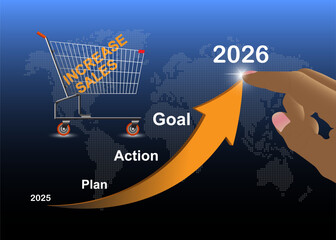 Arrow and shopping cart, Increase sales and performance optimization for business. Year 2026 plan, action and goals.