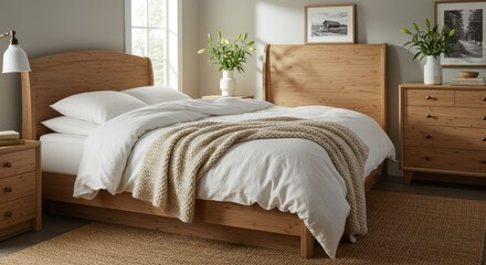 Wooden bed frame with white linens and a beige throw.