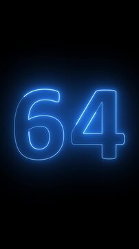 Glowing cyan neon "64" text animation, educational and promotional concept, 4K QuickTime, isolated on black background, ready for use.
