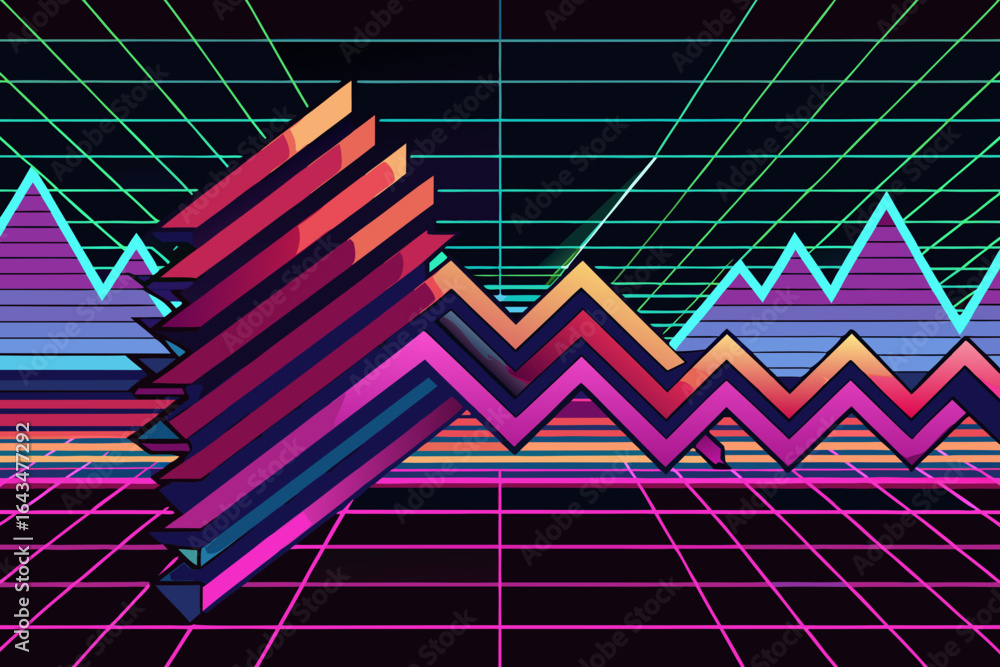 Poster dynamic 3d geometric line graphs in vibrant neon retro style, showcasing upward trends and digital d