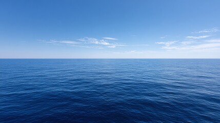 Fototapeta premium Ocean view under a clear blue sky, showing the horizon line. The sea is calm with small ripples, and a few wispy clouds are visible in the upper part of the frame.