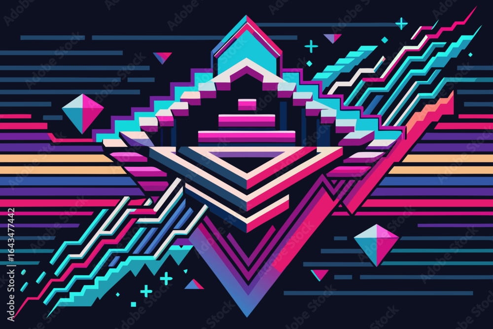 Poster dynamic geometric composition with vibrant neon colors and retro-futuristic abstract shapes evoking 