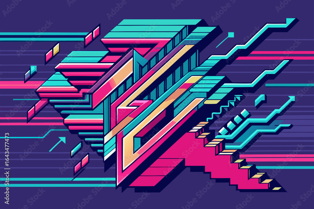 Poster dynamic abstract geometric composition with vibrant cyan, pink, and gold lines forming intricate sha