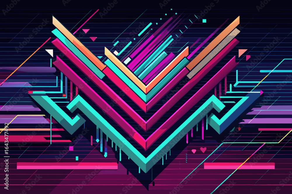 Aufkleber dynamic abstract geometric shapes create a vibrant retro-futuristic visual with neon lines and a gri