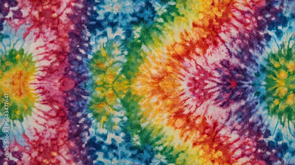 Poster a vibrant tie dye pattern featuring a spectrum of colors radiating from central points in the design