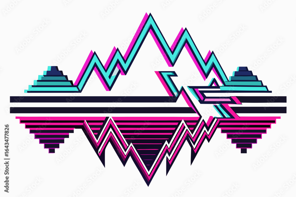 Poster dynamic abstract mountain range with vibrant neon circuit board lines and geometric stepped elements