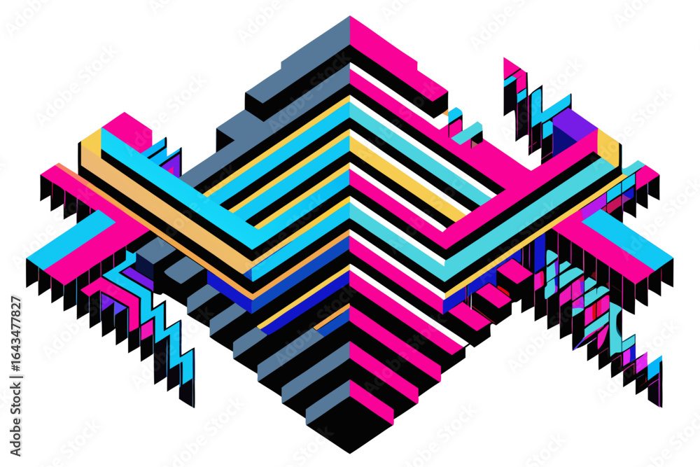 Poster dynamic isometric abstract pattern with vibrant geometric shapes and bold color transitions, perfect