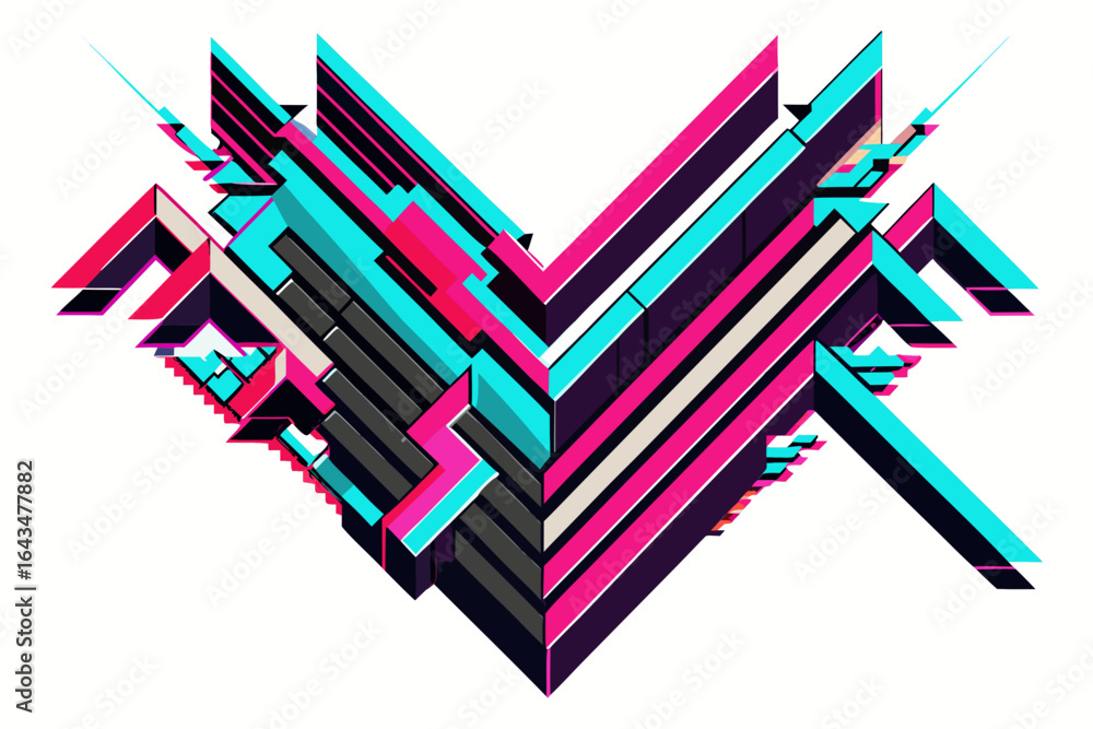 Poster dynamic abstract geometric composition bursting with vibrant cyan, magenta, and deep purple lines, c