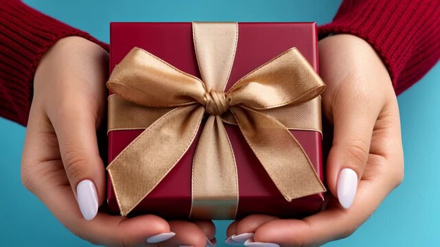 Hands showcase a beautifully wrapped red box adorned with a gold ribbon on a vibrant blue surface