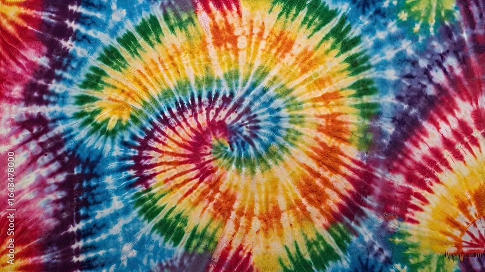 Aufkleber close up view of a vibrant tie dye pattern with a spiral design and multiple colors radiating outwar