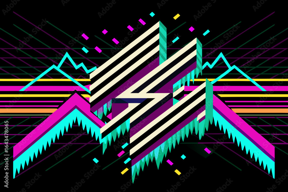 Fototapete dynamic abstract geometric design explodes with vibrant neon lines and bold shapes creating a retro-